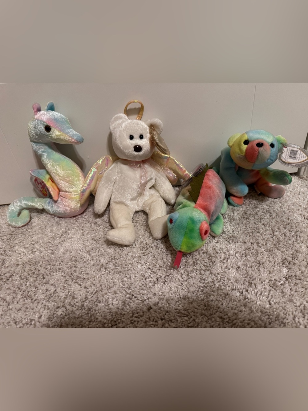 Ty Plush Rainbow Seahorse, Chameleon, Angel Bear & Bear Cub - White & Multicolor